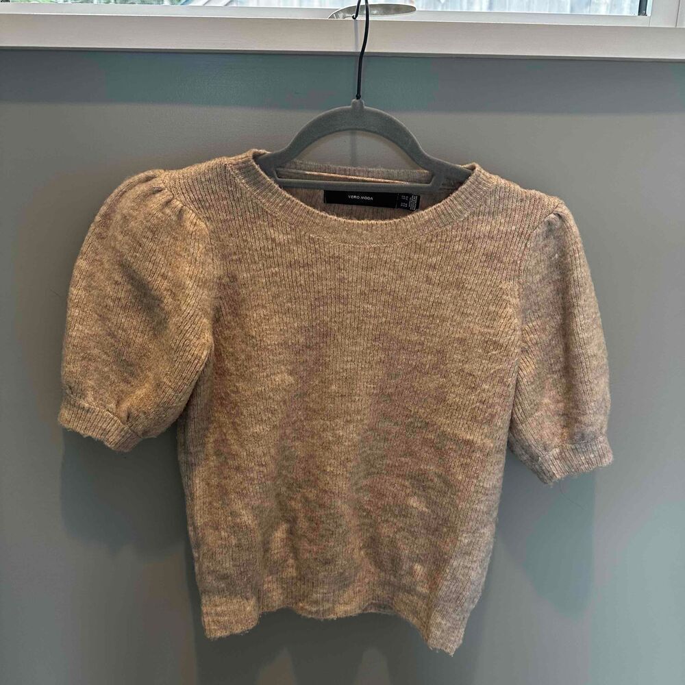 VERO MODA Womens Sweater Top Size XS Taupe Puff Sleeve Crew Neck Knit